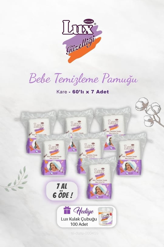 7 AL 6 ÖDE Lux Kare Bebe Temizleme Pamuğu 60 lı, Kulak Çubuğu Hediyeli