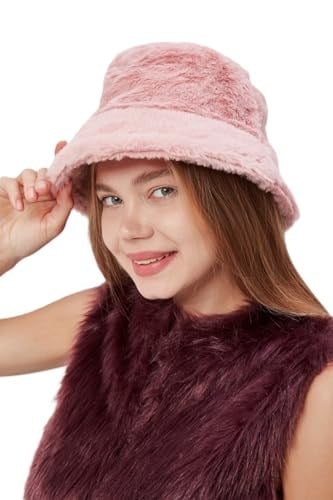 (728) Peluş Bucket Kadın Balıkçı Şapkası Yumuşak ve Tüylü Kadın Şapkası-1