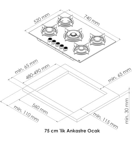 75 cm 5G Beyaz Cam Bask Ankastre Ocak