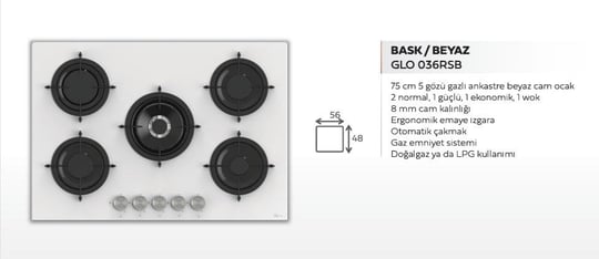 75 cm 5G Beyaz Cam Bask Ankastre Ocak