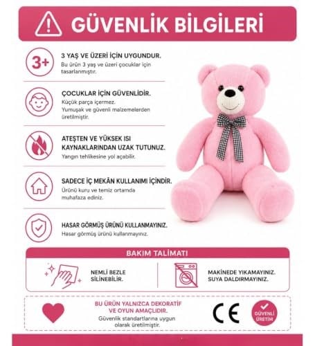 90 cm Rengarenk Papyonlu Peluş Ayıcık -% 100 YERLİ Pembe