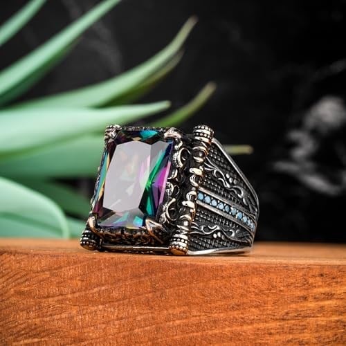 925 Ayar Gümüş Erkek Yüzük Mistik Topaz Taşı Yanlardan Mini Turkuaz Süslemeli