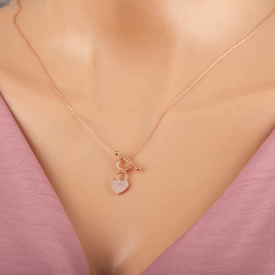 925 Ayar Gümüş Rose Sallantılı Kalp Kadın Kolye
