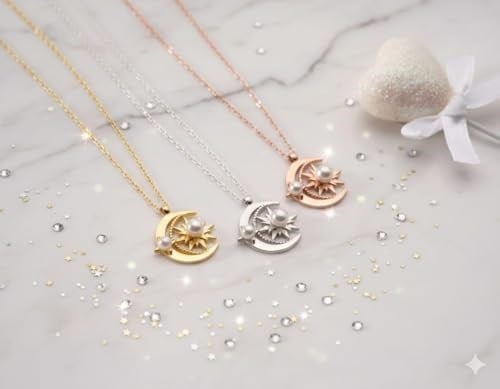 925 Ayar Papatya Silver Ay Güneş Beyaz İncili Kolye.rose.gold.rodaj