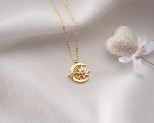 925 Ayar Papatya Silver Ay Güneş Beyaz İncili Kolye.rose.gold.rodaj