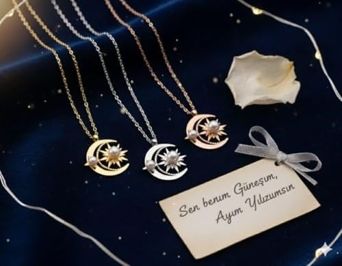 925 Ayar Papatya Silver Ay Güneş Beyaz İncili Kolye.rose.gold.rodaj