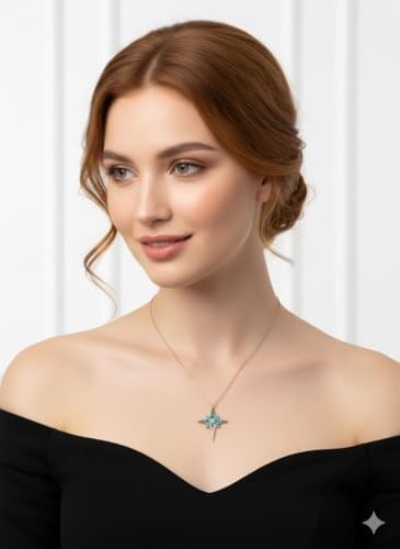 925 Ayar Papatya Silver Mavi Opal Akışlı Kutup Yıldızı Kolye.rose.gold.rodaj