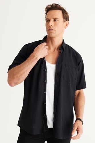 AC&Co / Altınyıldız Classics Comfort Fit Rahat Kesim Gizli Düğmeli Yaka Keten Görünümlü %100 Pamuk Flamlı Gömlek, Renk Siyah, Beden L