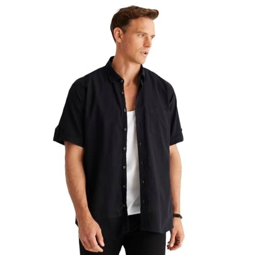AC&Co / Altınyıldız Classics Comfort Fit Rahat Kesim Gizli Düğmeli Yaka Keten Görünümlü %100 Pamuk Flamlı Gömlek, Renk Siyah, Beden L