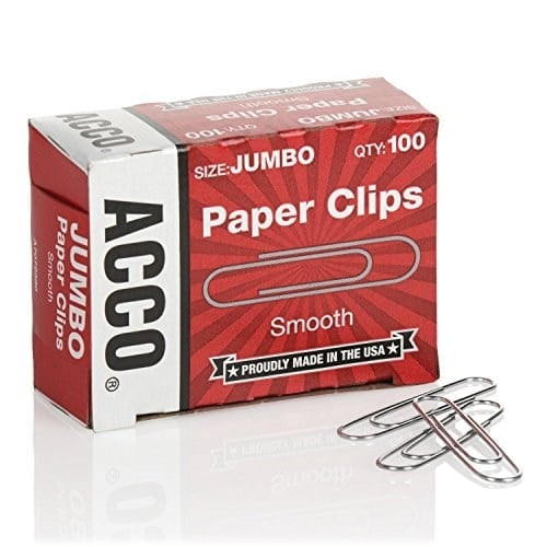 ACCO Kağıt Klipleri, Jumbo, Pürüzsüz, Ekonomi, 10 Kutu, 100/Kutu (72580),Gümüş