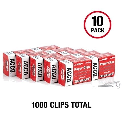 ACCO Kağıt Klipleri, Jumbo, Pürüzsüz, Ekonomi, 10 Kutu, 100/Kutu (72580),Gümüş