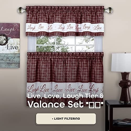 Achim Home Furnishings Live, Love, Laugh - Baskılı Kat & Kısa Perde Seti - 58x36 - Bordo