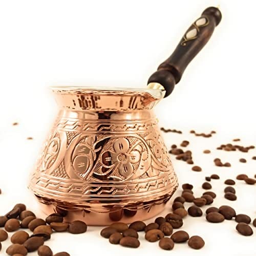 ACI Serisi (Orta-14 fl oz) - En Kalın Masif Oyulmuş Bakır Ahşap Saplı Türk Yunan Arapça Cezve, Ocak Üstü Kahve Makinesi, Jazzve, Cezve, Ibrik, Briki, Café Turco