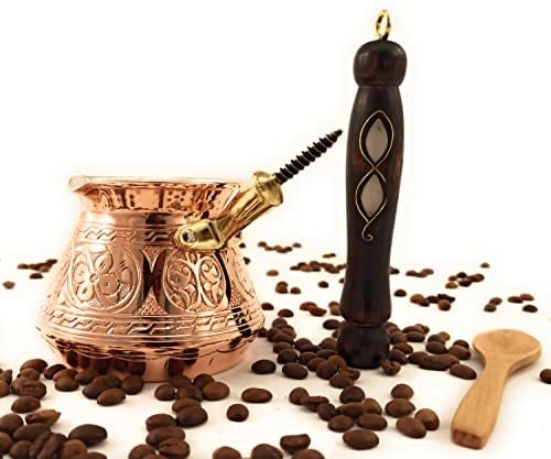 ACI Serisi (Orta-14 fl oz) - En Kalın Masif Oyulmuş Bakır Ahşap Saplı Türk Yunan Arapça Cezve, Ocak Üstü Kahve Makinesi, Jazzve, Cezve, Ibrik, Briki, Café Turco