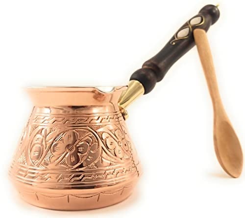 ACI Serisi (Orta-14 fl oz) - En Kalın Masif Oyulmuş Bakır Ahşap Saplı Türk Yunan Arapça Cezve, Ocak Üstü Kahve Makinesi, Jazzve, Cezve, Ibrik, Briki, Café Turco