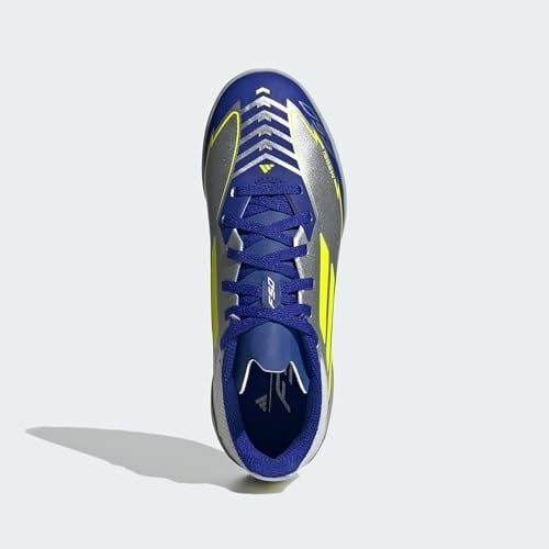 adidas Üniseks Çocuk F50 League Futbol Botu Turf Futbol Ayakkabısı, Gümüş Metalik Solar Sarı Lucid Blue, 32 EU