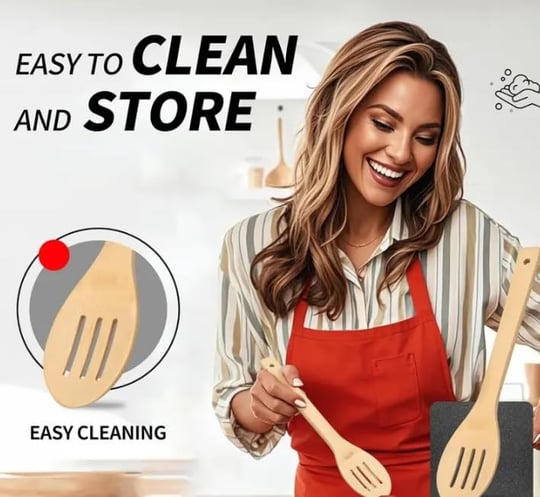 AEE® 5li Büyük Boy Doğal Bambu Kaşık Spatula Mutfak Tahta Kaşık Seti 30cm