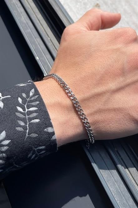 AEE Erkek Çelik Bileklik Gümüş Renk Traşlı Zincir Paslanmaz,Unisex