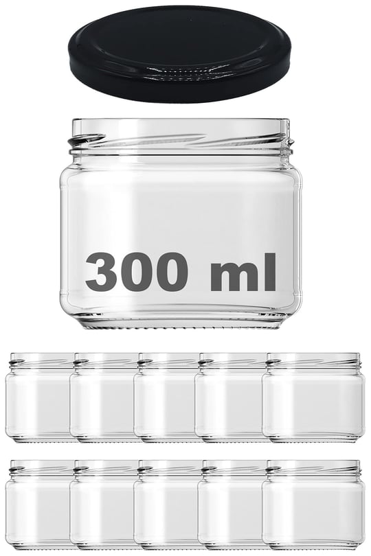 Afracam 300 ml Metal Siyah Kapaklı Şeffaf Cam Kavanoz 10 Adet