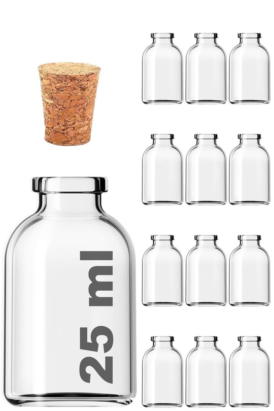 Afracam Şeffaf 25 ml / 25 cc Mantar Tıpalı Boş Cam Şişe 12 Adet
