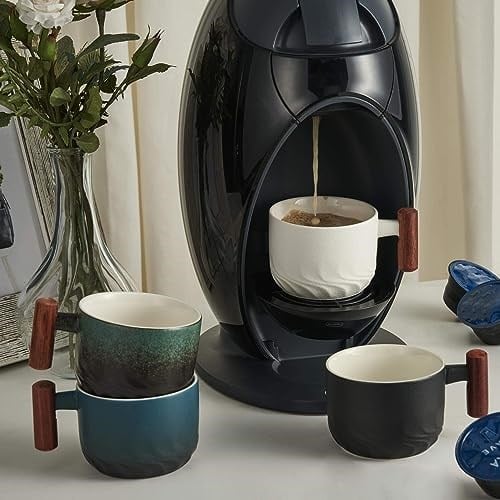 Ahşap Saplı 2.5oz Seramik Espresso Bardakları, Küçük Kahve Fincanları Çift Atış Espresso Bardakları 4lü Set
