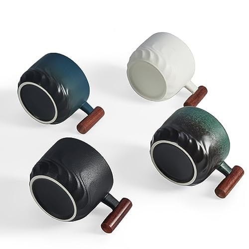 Ahşap Saplı 2.5oz Seramik Espresso Bardakları, Küçük Kahve Fincanları Çift Atış Espresso Bardakları 4lü Set