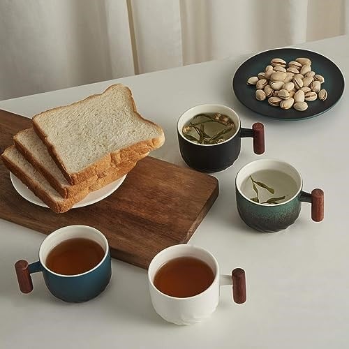 Ahşap Saplı 2.5oz Seramik Espresso Bardakları, Küçük Kahve Fincanları Çift Atış Espresso Bardakları 4lü Set