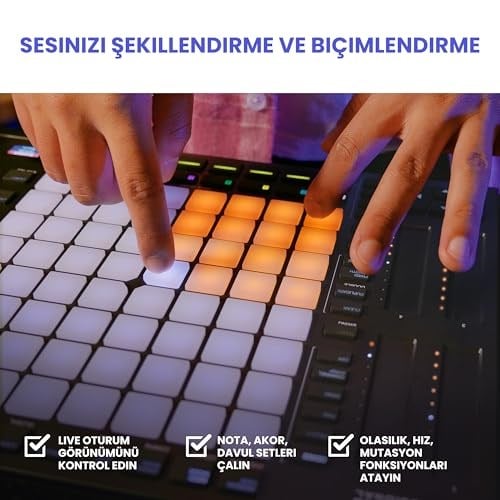 Akai Professional APC64 Ableton MIDI Kontrol Cihazı, 8 Dokunmatik Şerit, Adım Sıralayıcı, 64 RGB Hıza Duyarlı Pedler, CV Kapıları, MIDI Giriş ve Çıkış, USB-C - Seçenekler: APC64, APC MINI 2
