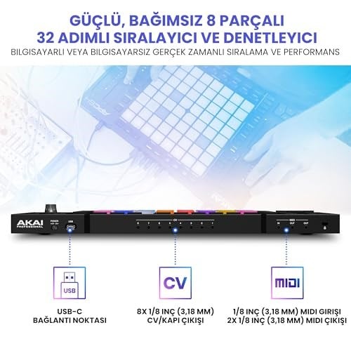 Akai Professional APC64 Ableton MIDI Kontrol Cihazı, 8 Dokunmatik Şerit, Adım Sıralayıcı, 64 RGB Hıza Duyarlı Pedler, CV Kapıları, MIDI Giriş ve Çıkış, USB-C - Seçenekler: APC64, APC MINI 2