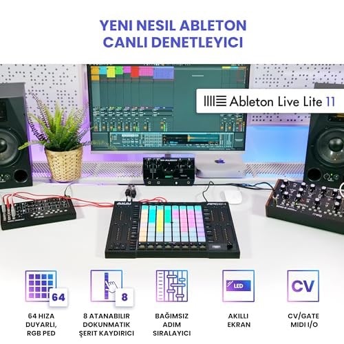 Akai Professional APC64 Ableton MIDI Kontrol Cihazı, 8 Dokunmatik Şerit, Adım Sıralayıcı, 64 RGB Hıza Duyarlı Pedler, CV Kapıları, MIDI Giriş ve Çıkış, USB-C - Seçenekler: APC64, APC MINI 2