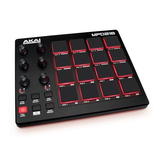 Akai Professional MPD218 - USB MIDI Pad Controller ve Bateri Makinesi, MPC Pedleri, Atanabilir Düğmeler, Nota Tekrarı ve Maksimum Ses Şiddeti Düğmeleri, Prodüksiyon Yazıl - Seçenekler: MPD218, LPD8MK2