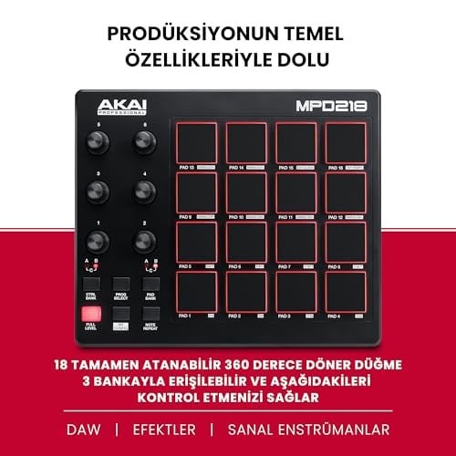 Akai Professional MPD218 - USB MIDI Pad Controller ve Bateri Makinesi, MPC Pedleri, Atanabilir Düğmeler, Nota Tekrarı ve Maksimum Ses Şiddeti Düğmeleri, Prodüksiyon Yazıl - Seçenekler: MPD218, LPD8MK2