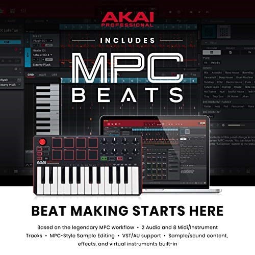 AKAI Professional MPK Mini MKII LE White - 16 arkadan aydınlatmalı pad, 8 atanabilir Q-link kontrolü ve 4 yönlü kumanda kolu ile taşınabilir 25 düğmeli USB MIDI klavye kontrol cihazı
