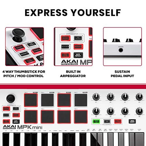AKAI Professional MPK Mini MKII LE White - 16 arkadan aydınlatmalı pad, 8 atanabilir Q-link kontrolü ve 4 yönlü kumanda kolu ile taşınabilir 25 düğmeli USB MIDI klavye kontrol cihazı