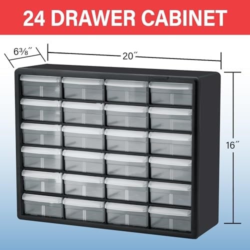 Akro-Mils 24 Çekmeceli Plastik Saklama Dolabı, 51x41x16 cm, Siyah Çerçeve Gri Kasa