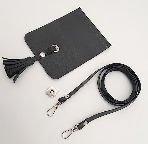 Aksesuar Siyah Suni Deri Püskül Kapaklı Cep Telefonu Mini Bag Seti Gümüş Metal