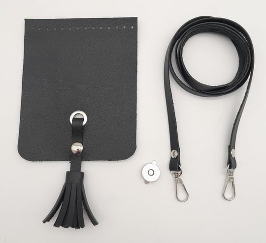 Aksesuar Siyah Suni Deri Püskül Kapaklı Cep Telefonu Mini Bag Seti Gümüş Metal