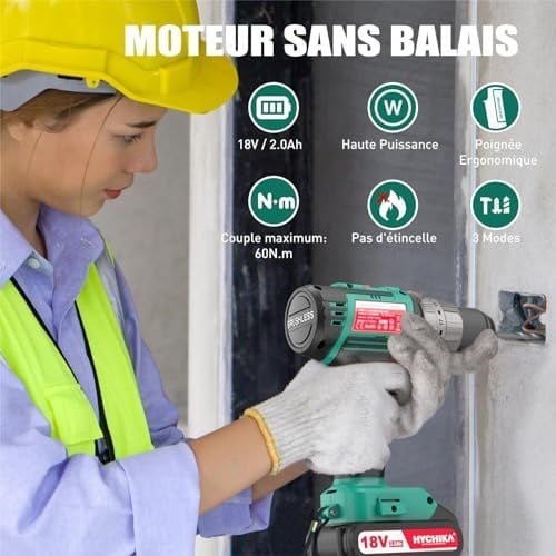 Akülü tornavida 60 Nm maks, HYCHIKA 18 V matkap, 2 x 2,0 Ah akü ve 57 parça aksesuar seti, fırçasız motor, 2 vites, 21 + 3 tork kademesi, çekiç fonksiyonlu matkap