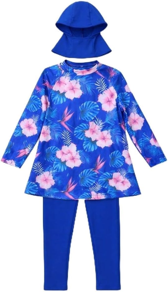 Alkin Kids Kız Çocuk Burkini Takımı, Mavi Çiçek Desenli, Uzun Kollu, Taytlı, Bone Dahil, 7-16 Yaş - Seçenekler: 7-8 Yıl, 9-10 Yıl