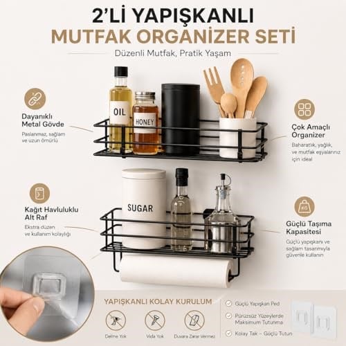 Alper Banyo 2’li Yapışkanlı Siyah Mutfak Organizer Seti, Metal Baharatlık ve Yağlık Raf, Kağıt Havluluklu Alt Raf, Delmeden Kolay Kurulumlu Mutfak Düzenleyici