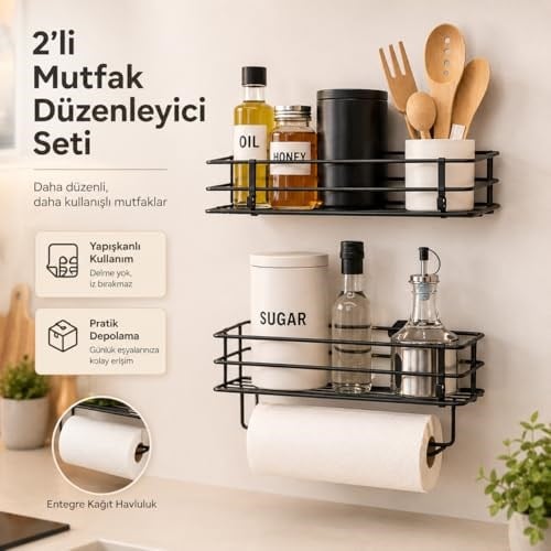 Alper Banyo 2’li Yapışkanlı Siyah Mutfak Organizer Seti, Metal Baharatlık ve Yağlık Raf, Kağıt Havluluklu Alt Raf, Delmeden Kolay Kurulumlu Mutfak Düzenleyici
