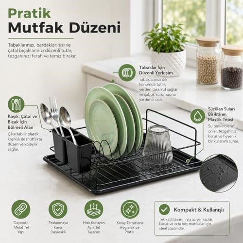 Alper Banyo Ömür Boyu Paslanmaz Siyah Bulaşıklık Bulaşık Süzgeci Tek Katlı Tabaklık Termo Plastik Kaplama