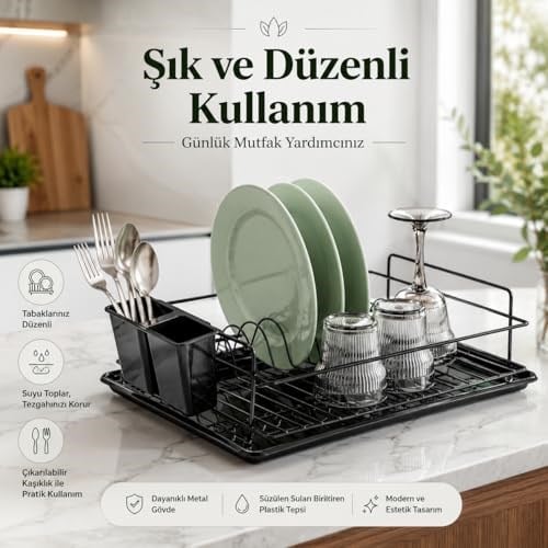 Alper Banyo Ömür Boyu Paslanmaz Siyah Bulaşıklık Bulaşık Süzgeci Tek Katlı Tabaklık Termo Plastik Kaplama