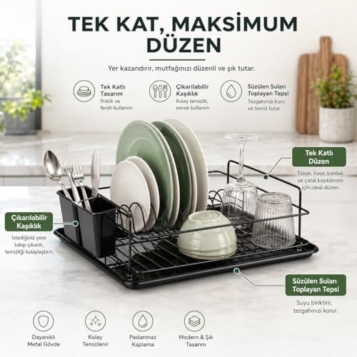 Alper Banyo Ömür Boyu Paslanmaz Siyah Bulaşıklık Bulaşık Süzgeci Tek Katlı Tabaklık Termo Plastik Kaplama