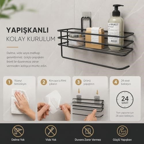 Alper Banyo Yapışkanlı Siyah Raflı Solo Havlu Askısı, Delmeden Montaj Banyo ve Mutfak Duvar Tipi Havluluk Organizer