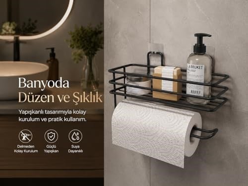 Alper Banyo Yapışkanlı Siyah Raflı Solo Havlu Askısı, Delmeden Montaj Banyo ve Mutfak Duvar Tipi Havluluk Organizer