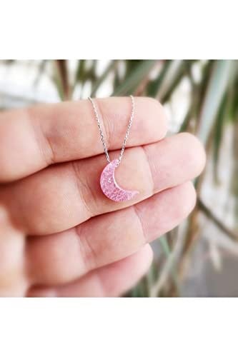 Altın Sepeti Gümüş Pembe Buzlu Taş Ay Kolye