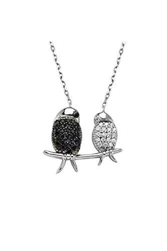 Altın Sepeti Gümüş Siyah Beyaz Aşk Kuşları Kolye