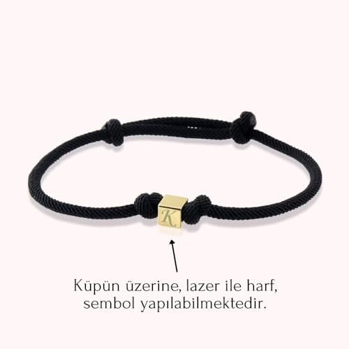 Altınköşe Altın Küp Siyah İpli Bileklik 14 Ayar, Sevgililer Günü Hediye Bileklik, Sevgiliye Hediye