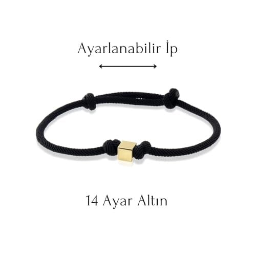Altınköşe Altın Küp Siyah İpli Bileklik 14 Ayar, Sevgililer Günü Hediye Bileklik, Sevgiliye Hediye